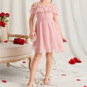 Girls pink cold shoulder Swiss dot ruffle trim dress size 11/12 SKU#54